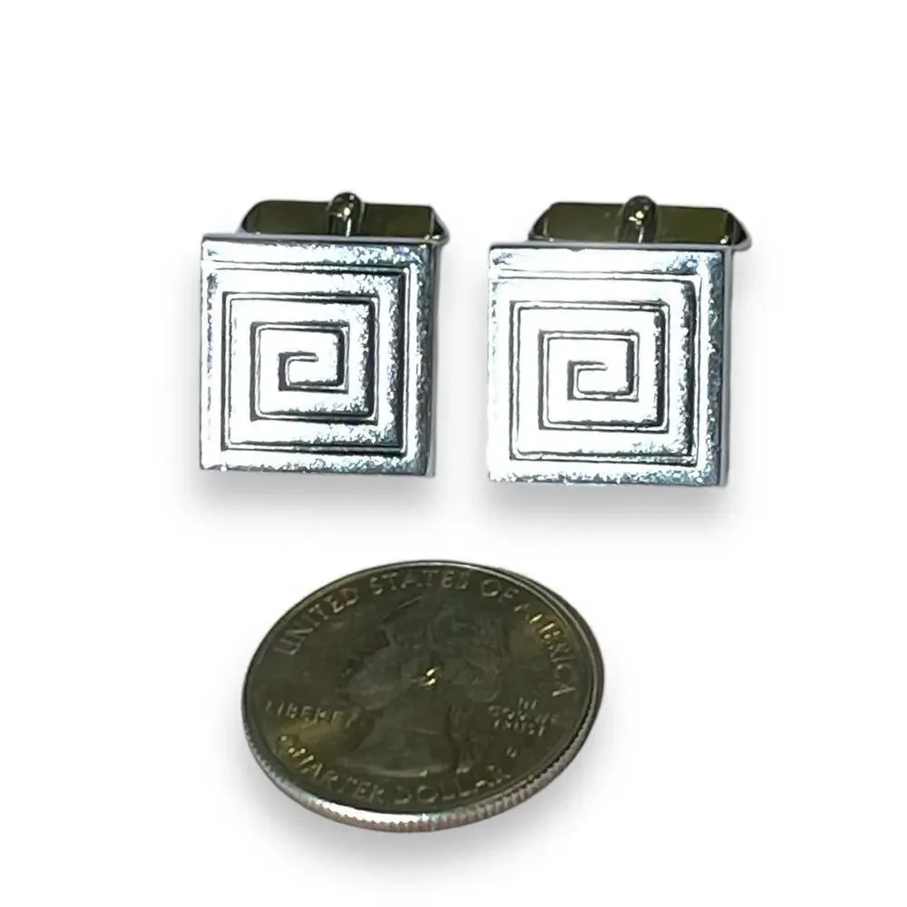 Vintage Swank Cufflinks Mens Silver Tone Greek Key Spiral Vector Symbol Signed